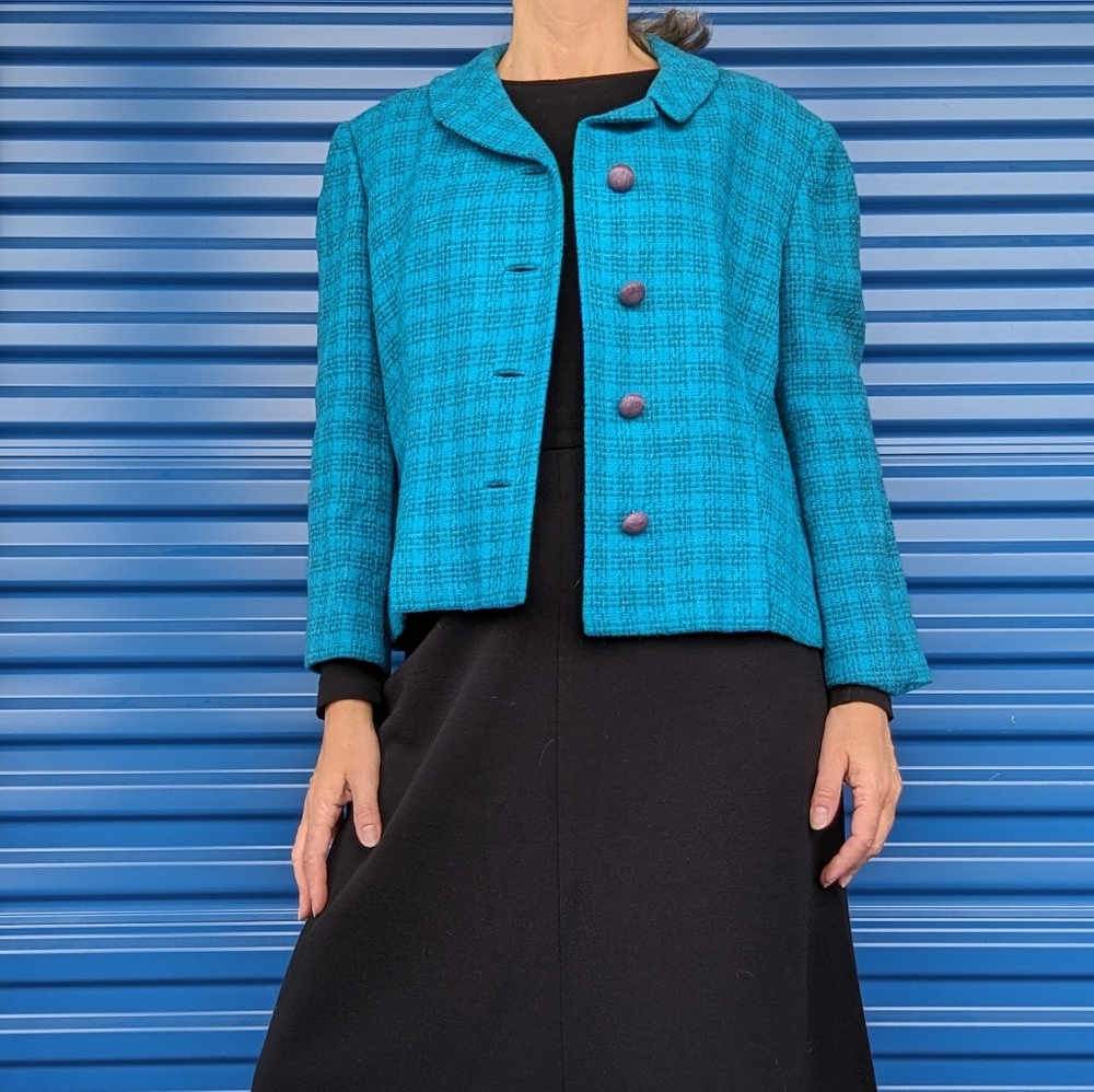 1960's AQUA PLAID BLAZER 60's jacket M L